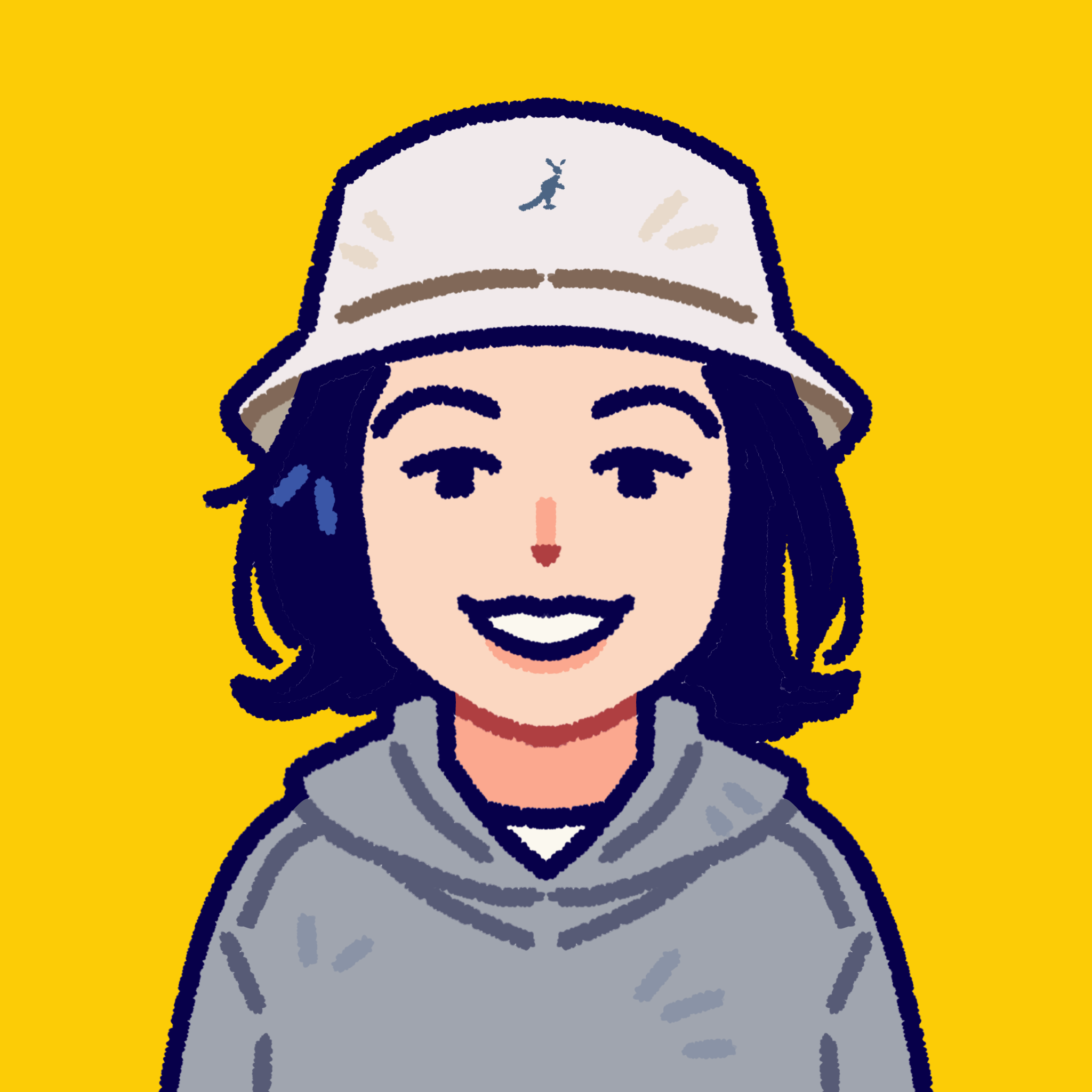 Illustrated portrait of Raufan smiling in a bucket hat